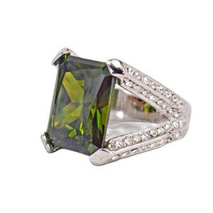 Large green rectangle cubic zirconia stone ring with clear stones on band Size 7